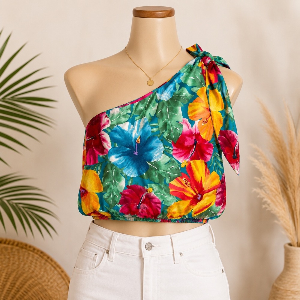 Show Me Your Mumu Heyday One Shoulder Top XL Tropical Floral Halter Crop Blouse
